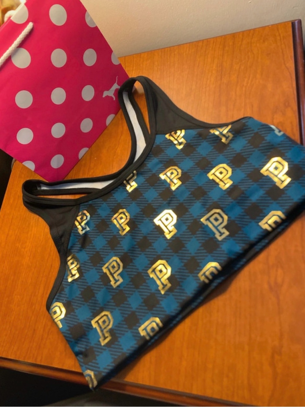 Pink Victoria’s Secret Blue Plaid Sports Bra with Gold 'P' Logo